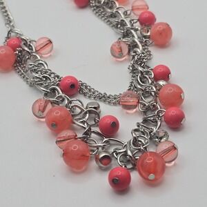 Chunky Silver Tone Chain Necklace‎ Pink Coral Beads Layered Statement Boho